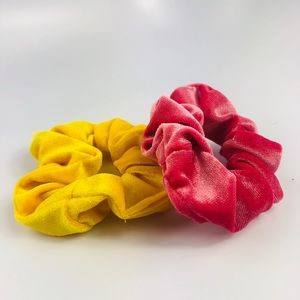 Two Washable Velvet Yellow and Pink Scrunchies
